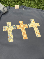 Load image into Gallery viewer, Multi-pattern Cross Trio on Beach Wash Denim Sweatshirt
