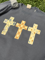 Load image into Gallery viewer, Multi-pattern Cross Trio on Beach Wash Denim Sweatshirt
