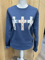 Load image into Gallery viewer, Multi-pattern Cross Trio on Beach Wash Denim Sweatshirt
