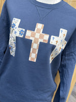 Load image into Gallery viewer, Multi-pattern Cross Trio on Beach Wash Denim Sweatshirt
