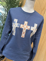 Load image into Gallery viewer, Multi-pattern Cross Trio on Beach Wash Denim Sweatshirt
