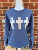 Load image into Gallery viewer, Multi-pattern Cross Trio on Beach Wash Denim Sweatshirt
