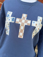 Load image into Gallery viewer, Multi-pattern Cross Trio on Beach Wash Denim Sweatshirt
