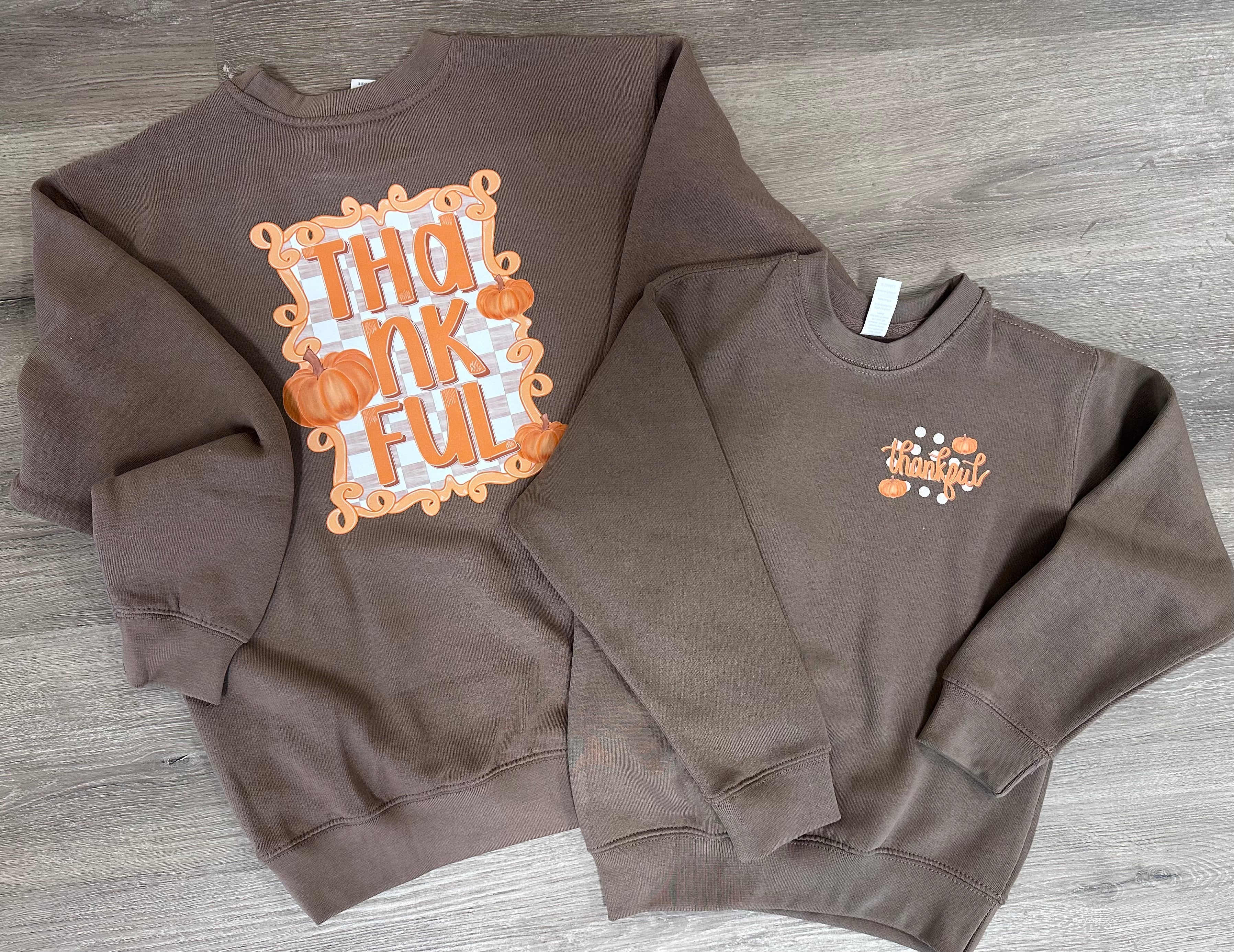 Thankful Sweatshirt with Pocket Print on Enza Brown Sugar