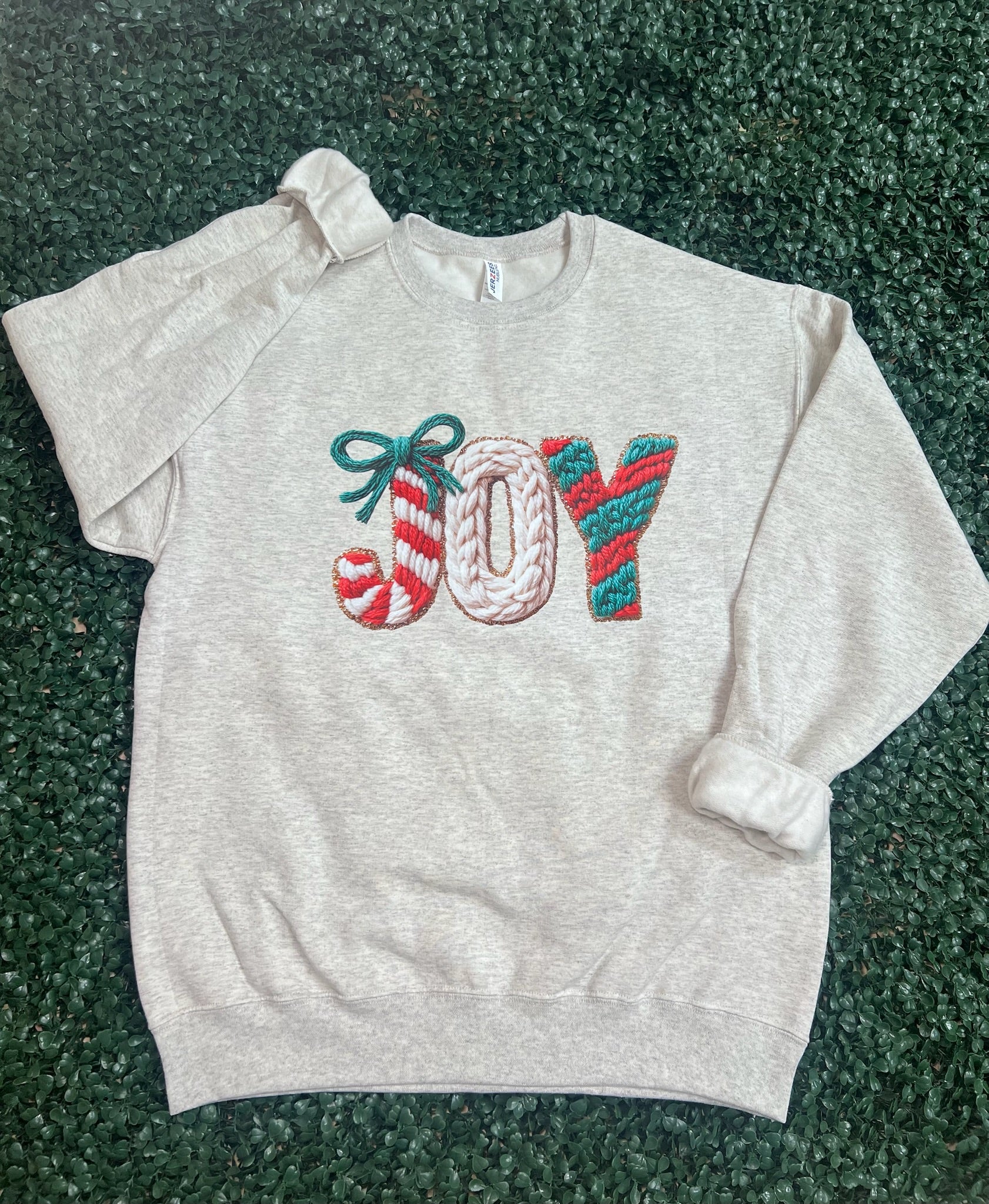 Faux Yarn Joy Sweatshirt on Oatmeal