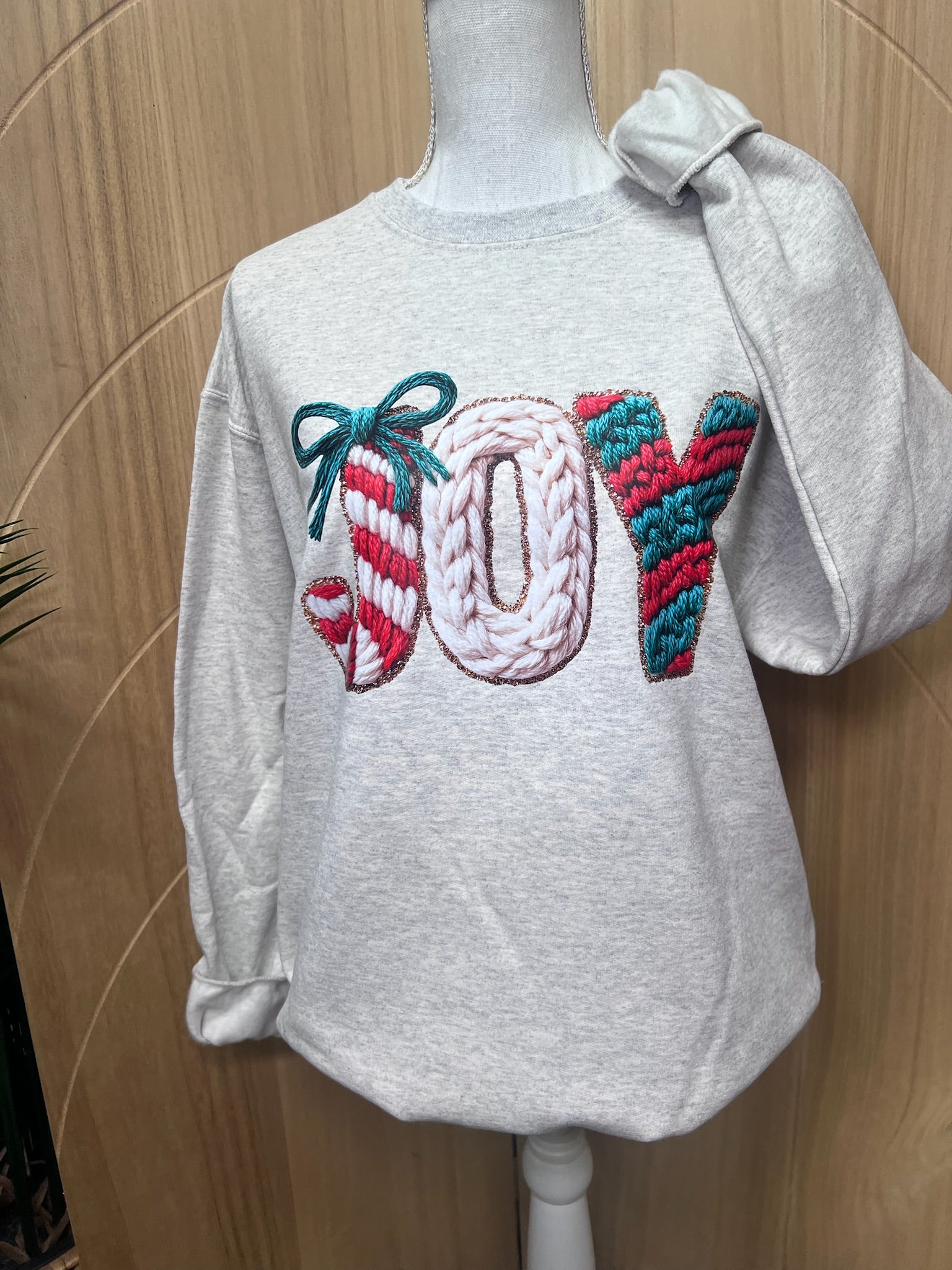 Faux Yarn Joy Sweatshirt on Oatmeal