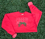 Load image into Gallery viewer, EMBROIDERED: Merry With Bow on Heather Red
