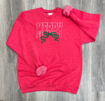 Load image into Gallery viewer, EMBROIDERED: Merry With Bow on Heather Red
