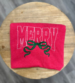 Load image into Gallery viewer, EMBROIDERED: Merry With Bow on Heather Red

