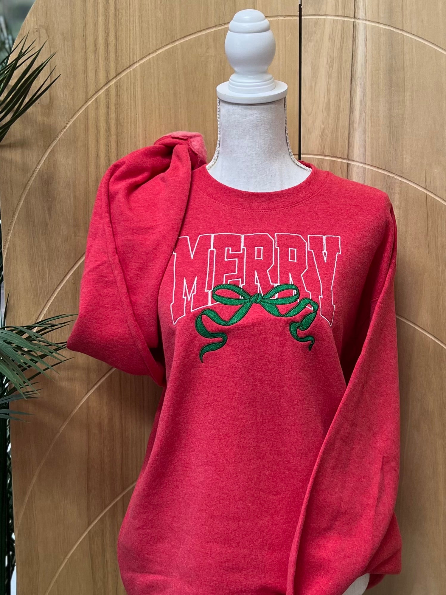 EMBROIDERED: Merry With Bow on Heather Red