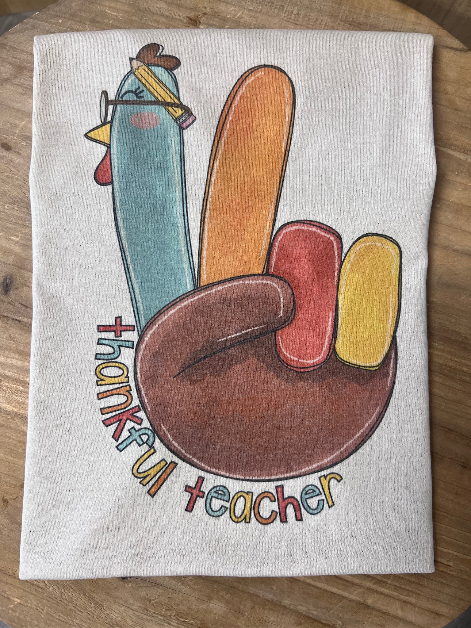 Thankful Teacher Turkey Peace Sign on Sand
