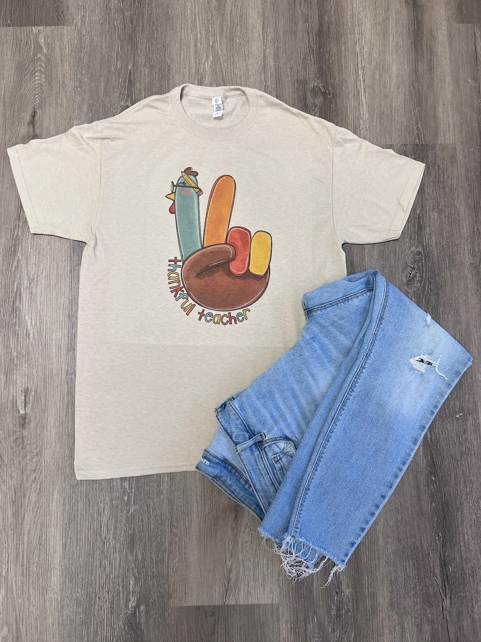 Thankful Teacher Turkey Peace Sign on Sand