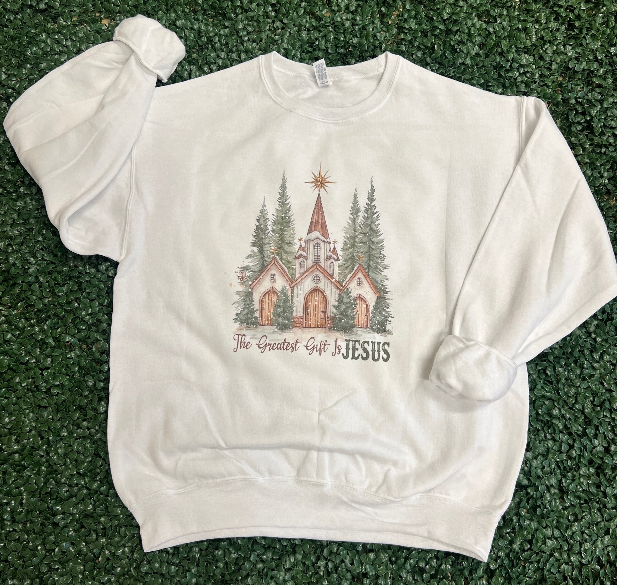 The Greatest Gift Is Jesus Sweatshirt on White