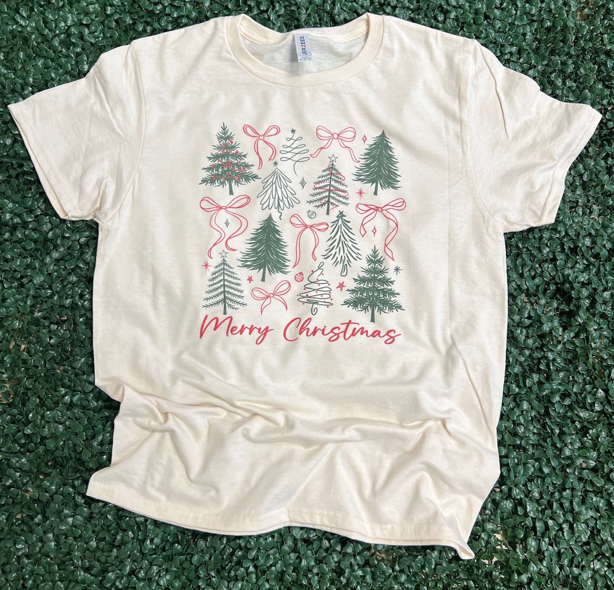 Merry Christmas Trees and Bows on Cream