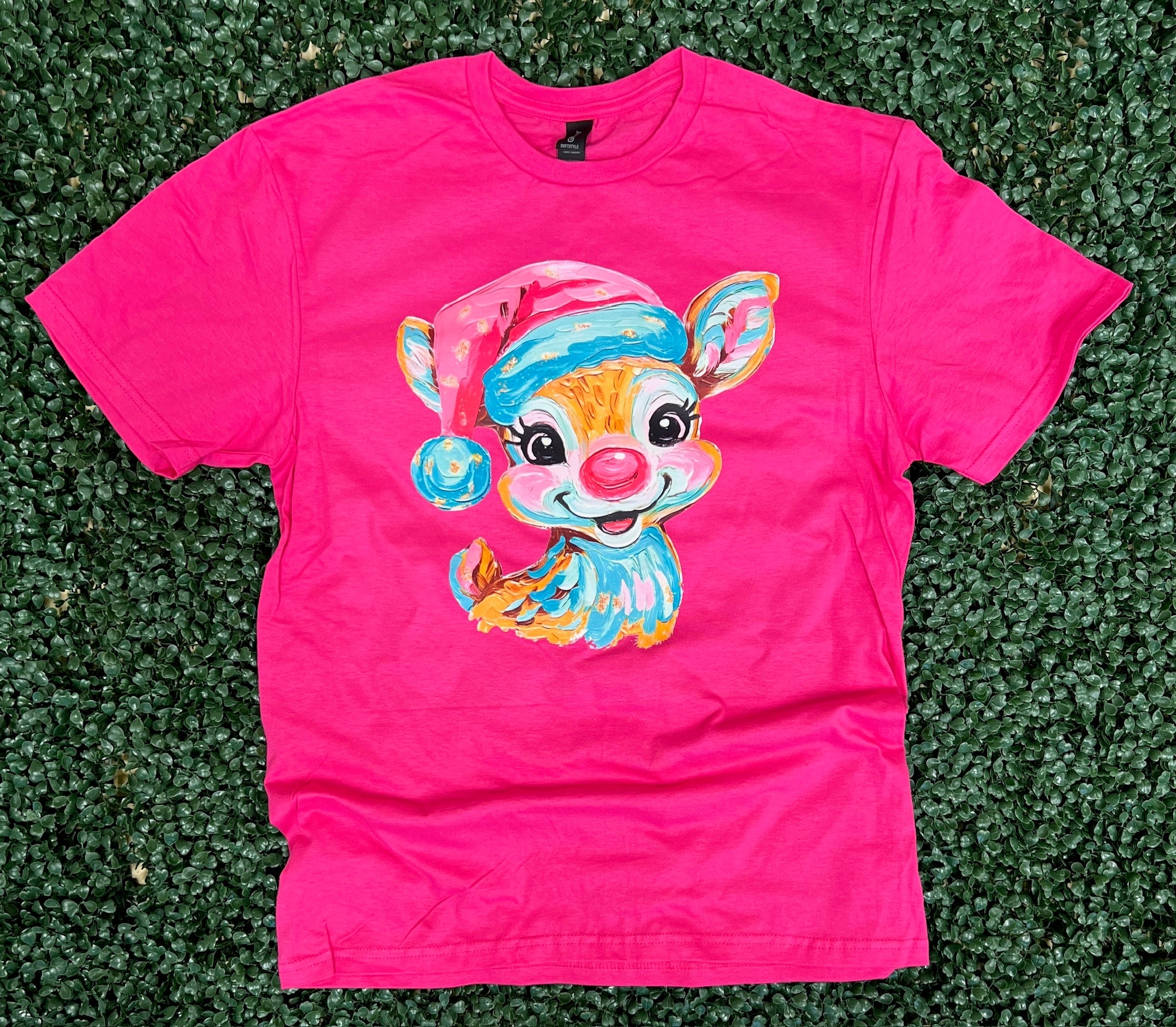 Bright Reindeer on Gildan Softstyle Heliconia