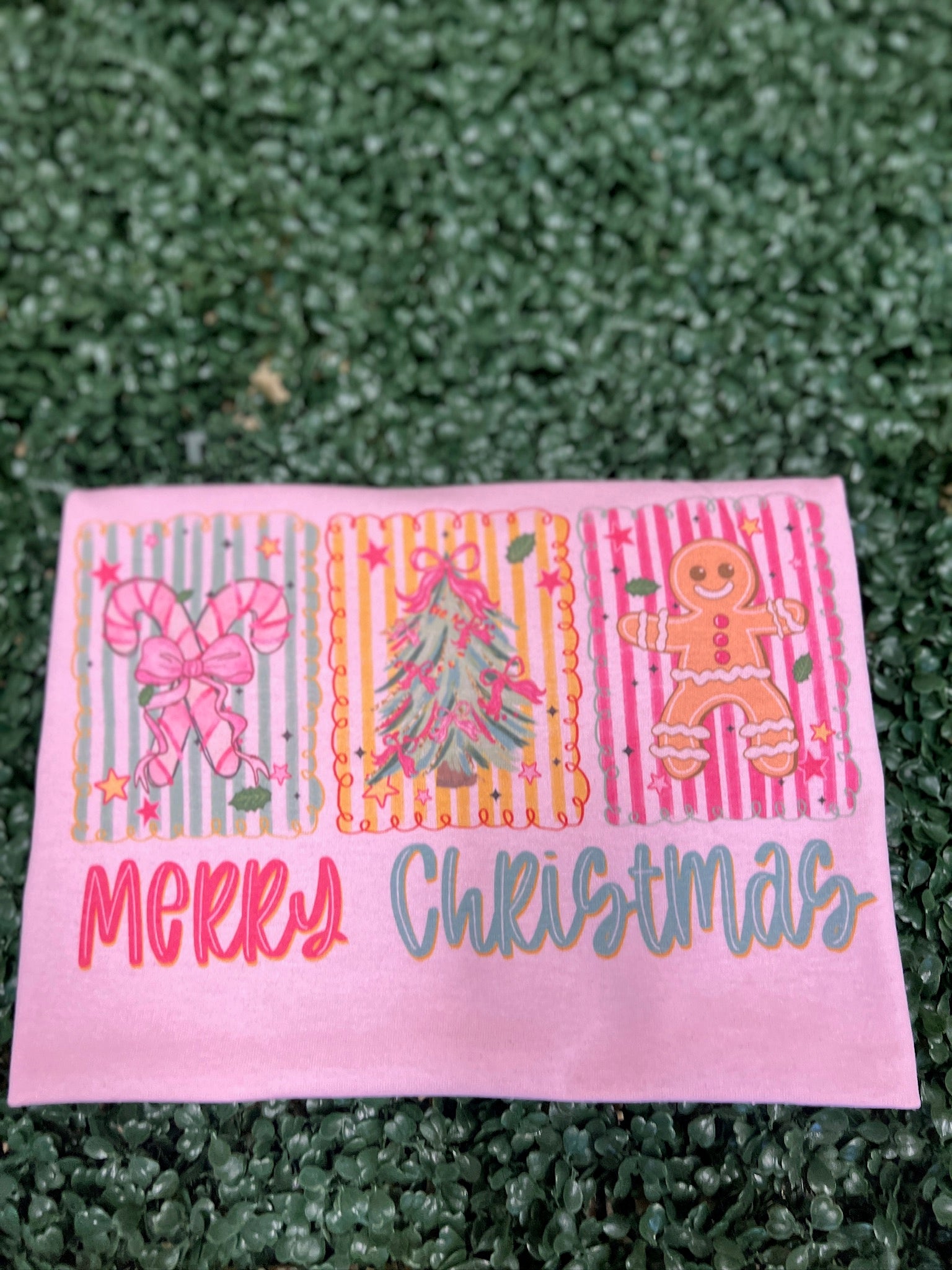 Merry Christmas Trio With Stripes on Pink