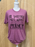 Load image into Gallery viewer, All Battles Are Won With Prayer on Tultex Heather Cassis
