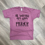 Load image into Gallery viewer, All Battles Are Won With Prayer on Tultex Heather Cassis
